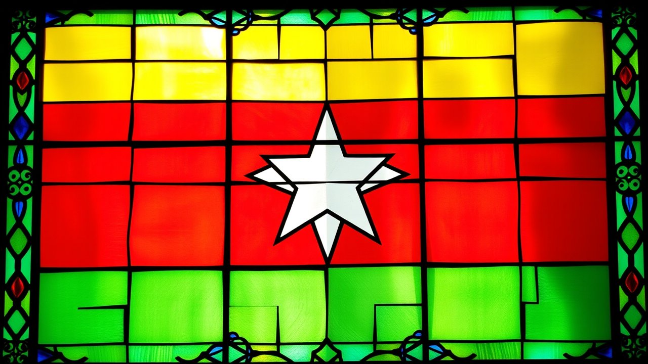 Flag of Myanmar (Burma) 🇲🇲 in stained glass style
