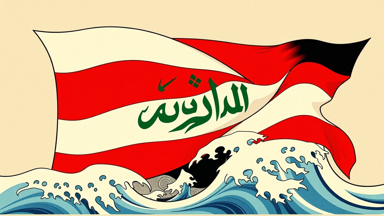Flag of Iraq 🇮🇶 in ukiyo-e woodblock style