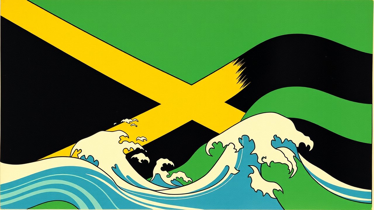 Flag of Jamaica 🇯🇲 in ukiyo-e woodblock style