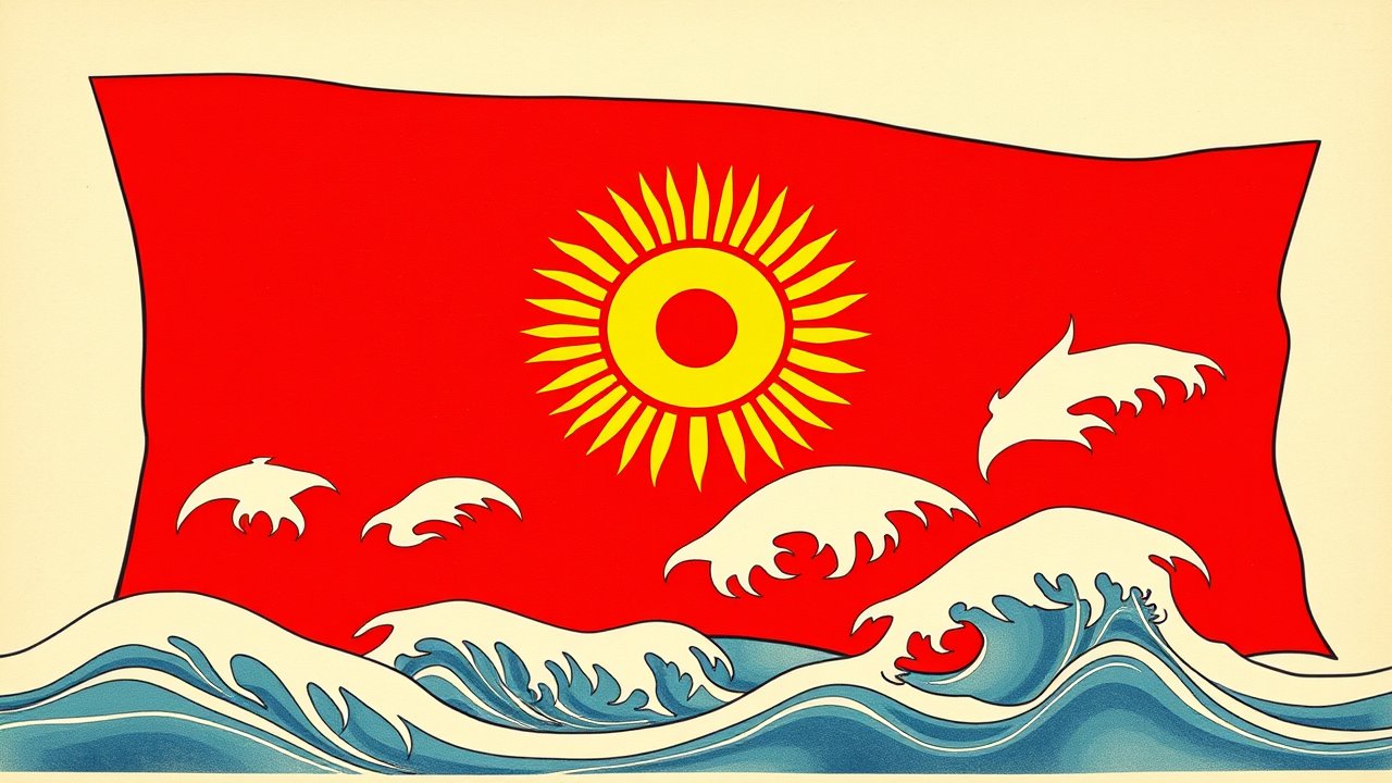Flag of Kyrgyzstan 🇰🇬 in ukiyo-e woodblock style