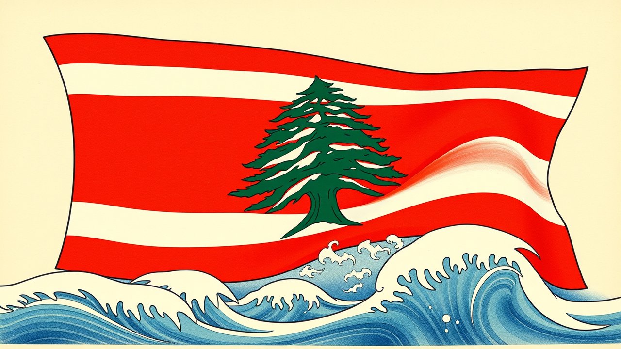 Flag of Lebanon 🇱🇧 in ukiyo-e woodblock style