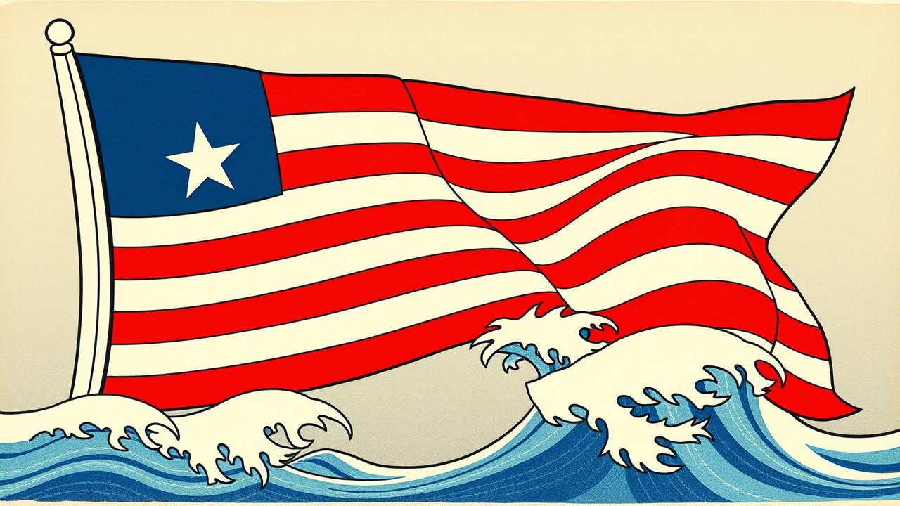Flag of Liberia 🇱🇷 in ukiyo-e woodblock style
