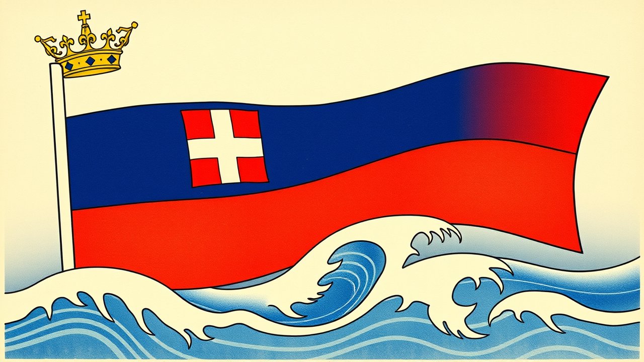 Flag of Liechtenstein 🇱🇮 in ukiyo-e woodblock style
