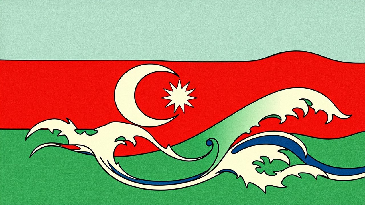 Flag of Azerbaijan 🇦🇿 in ukiyo-e woodblock style