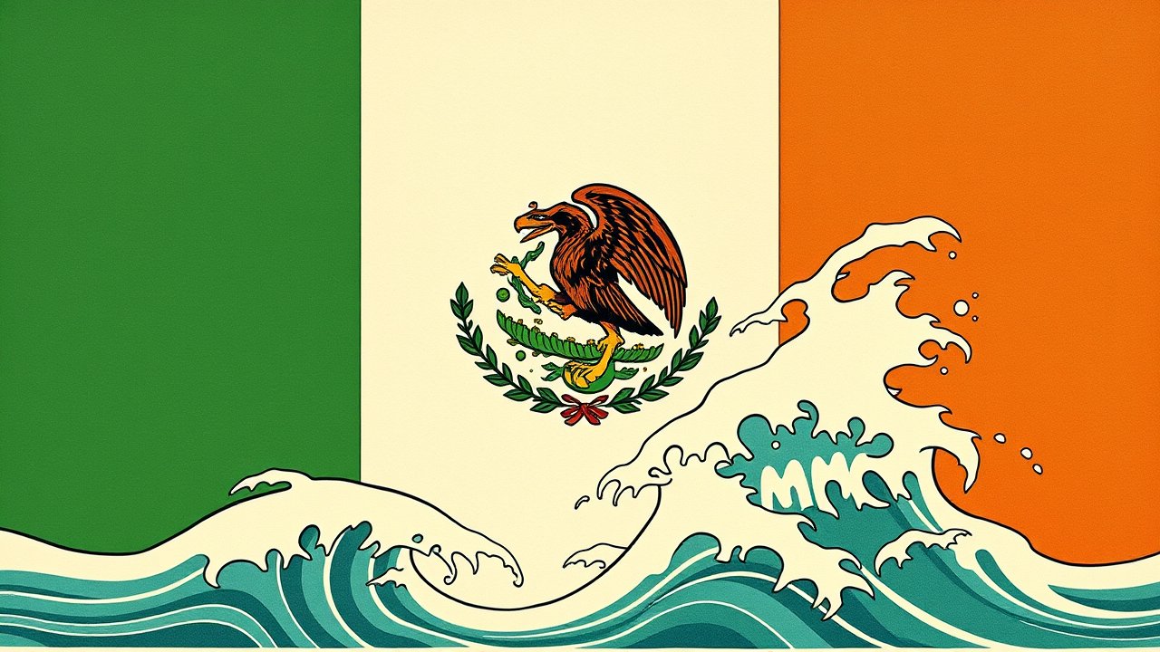 Flag of Mexico 🇲🇽 in ukiyo-e woodblock style