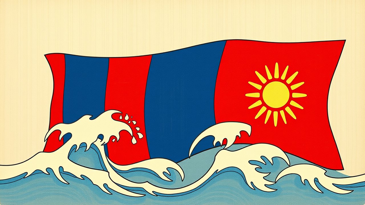 Flag of Mongolia 🇲🇳 in ukiyo-e woodblock style