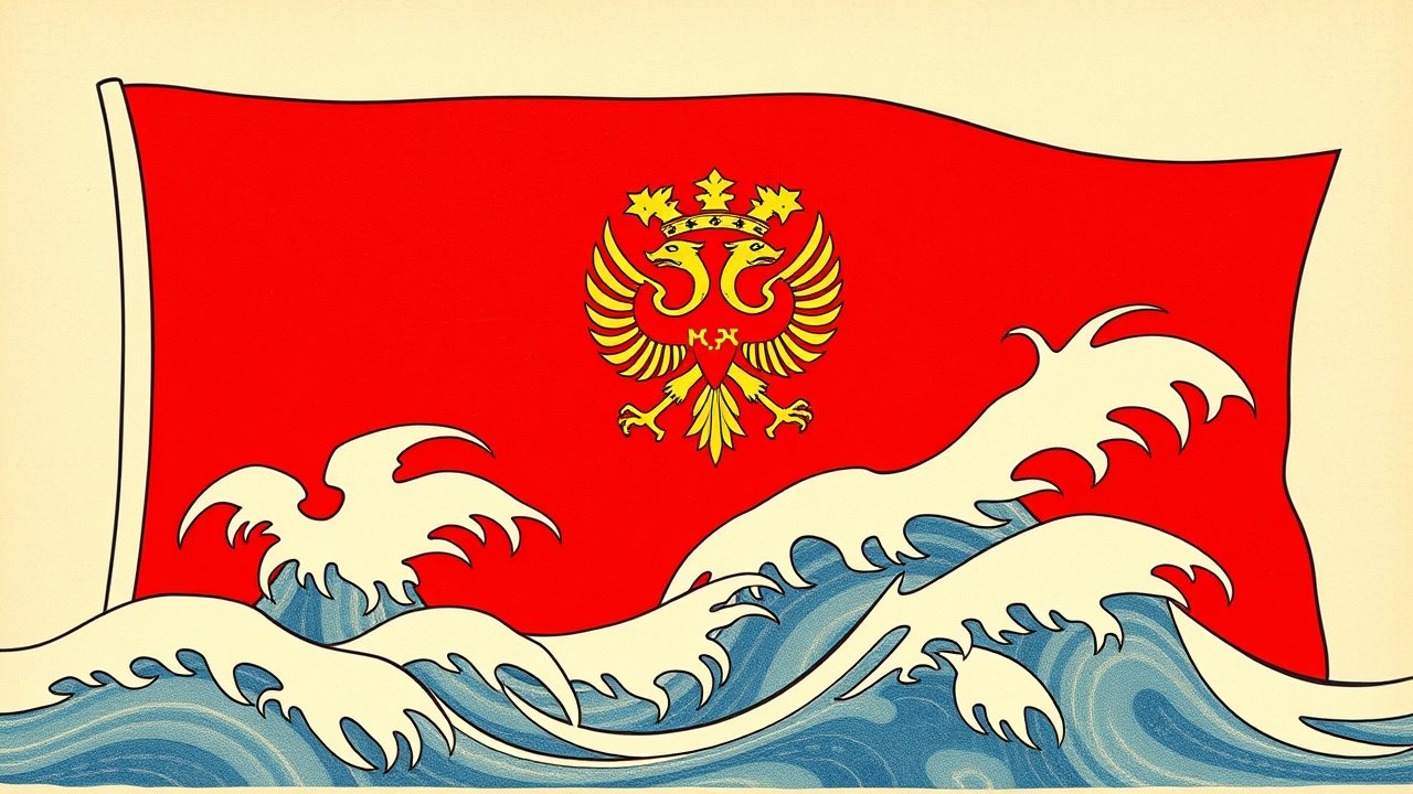 Flag of Montenegro 🇲🇪 in ukiyo-e woodblock style
