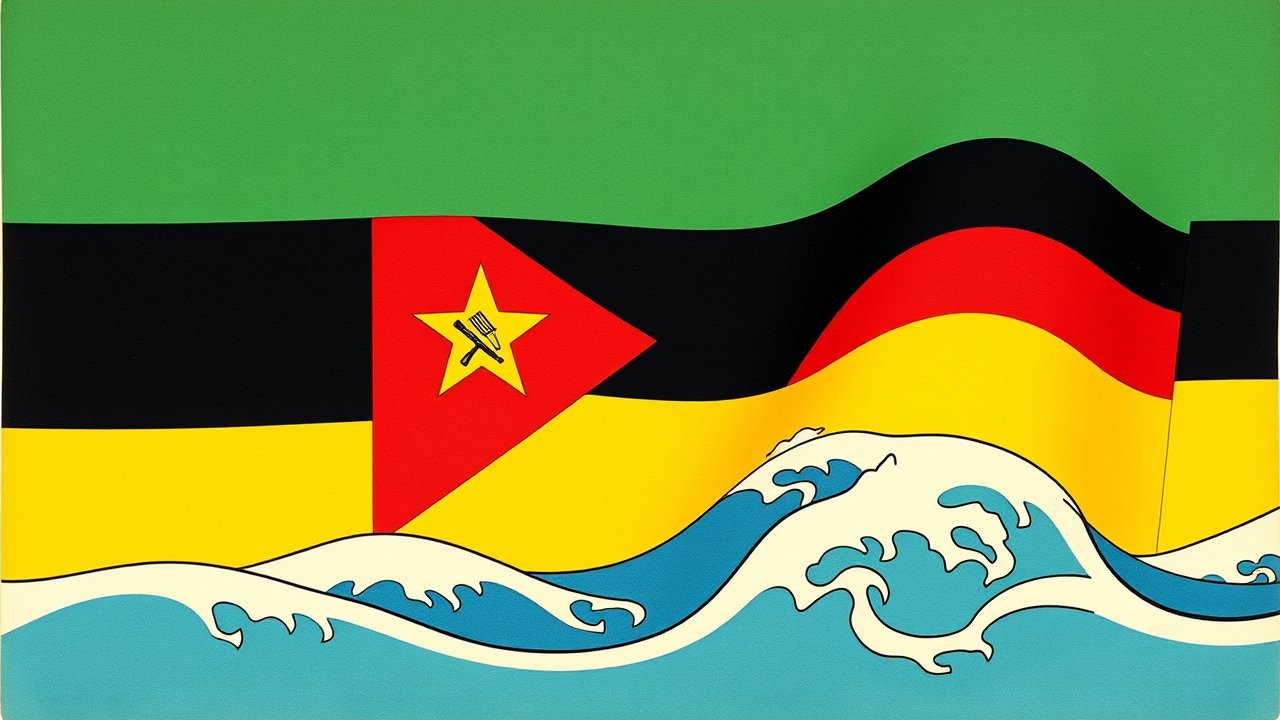 Flag of Mozambique 🇲🇿 in ukiyo-e woodblock style