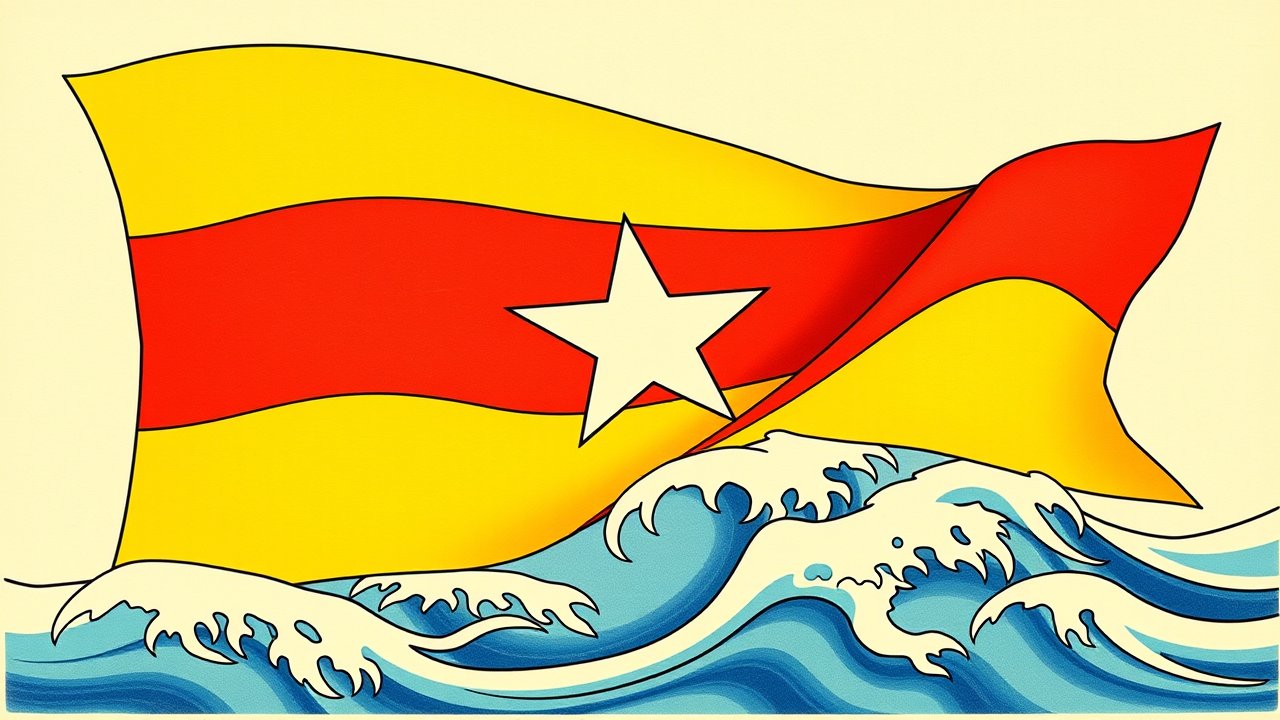 Flag of Myanmar (Burma) 🇲🇲 in ukiyo-e woodblock style