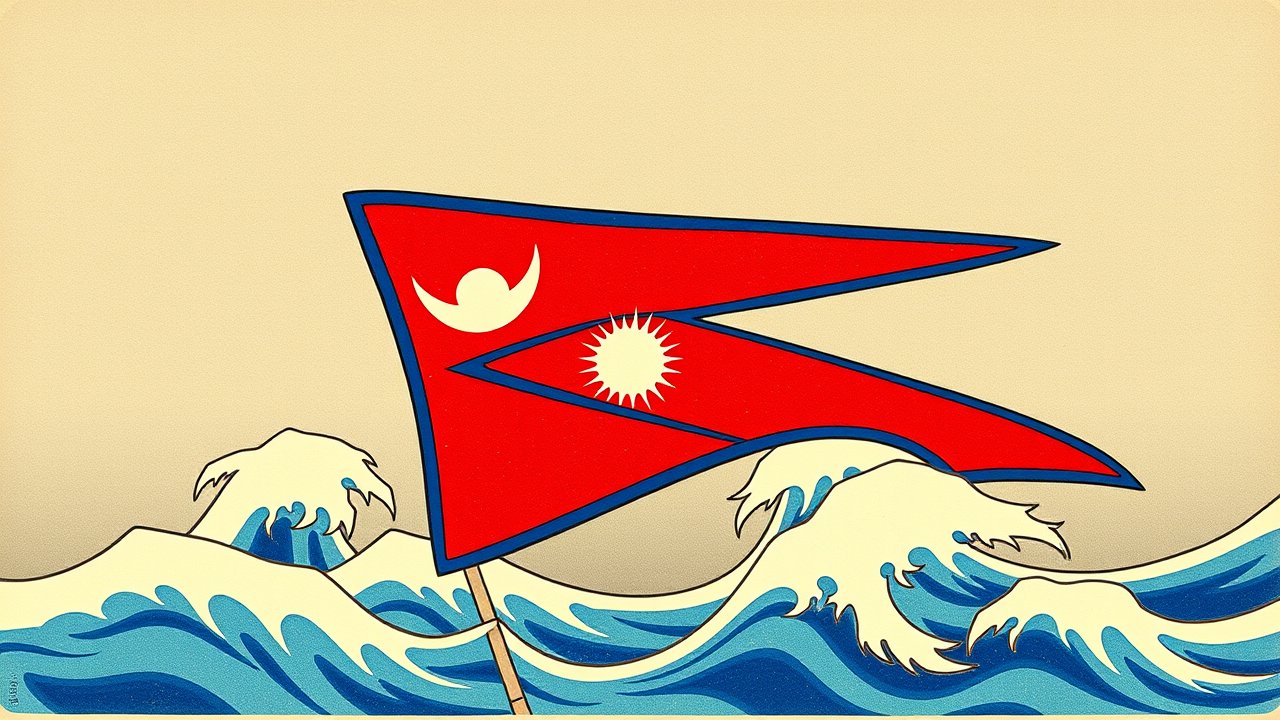 Flag of Nepal 🇳🇵 in ukiyo-e woodblock style