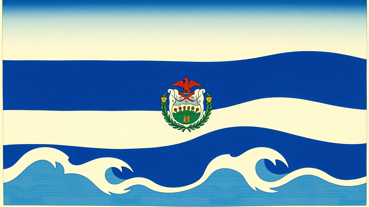 Flag of Nicaragua 🇳🇮 in ukiyo-e woodblock style