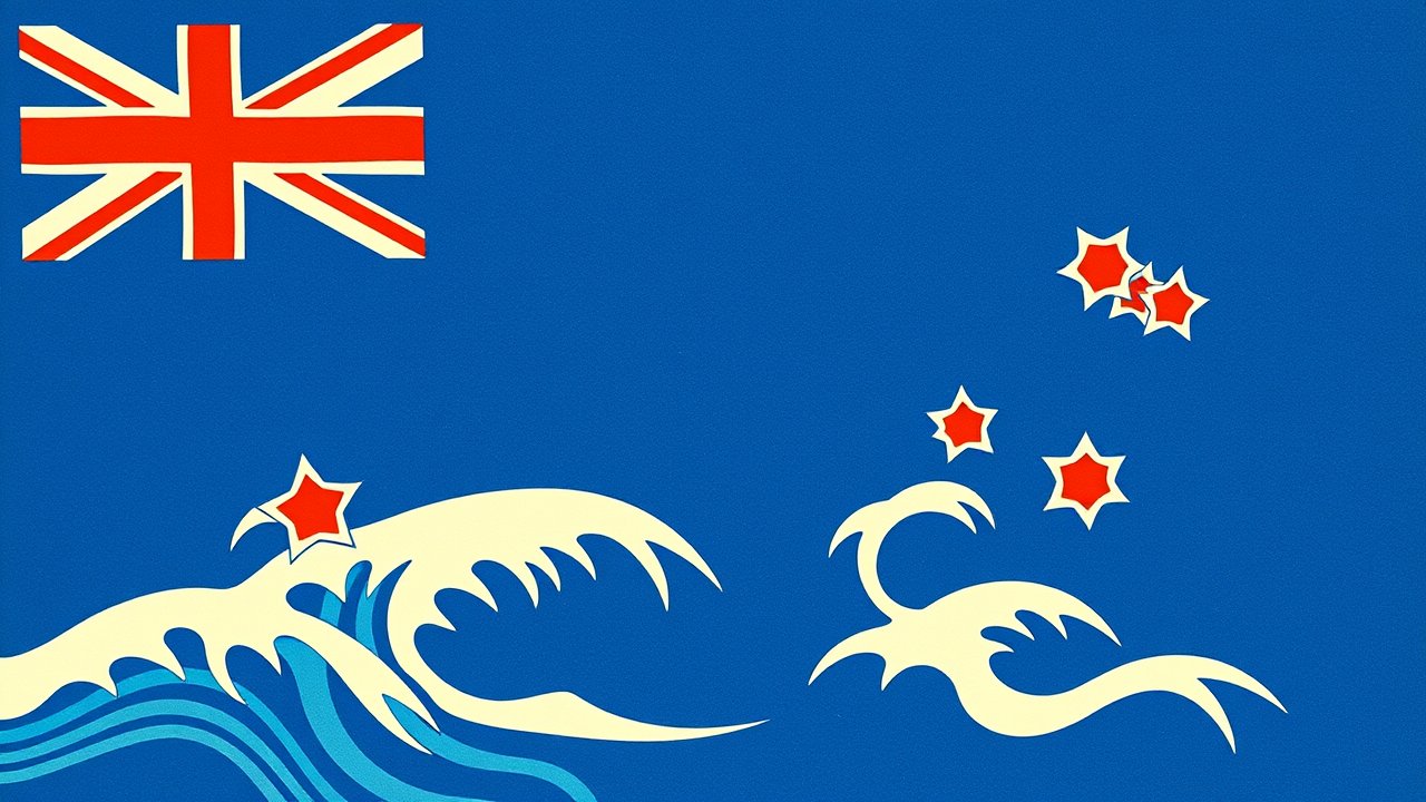 Flag of New Zealand 🇳🇿 in ukiyo-e woodblock style