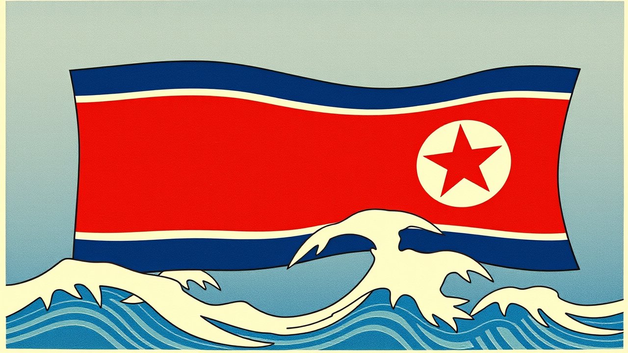 Flag of North Korea 🇰🇵 in ukiyo-e woodblock style