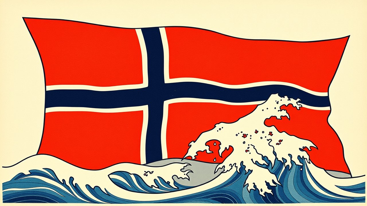 Flag of Norway 🇳🇴 in ukiyo-e woodblock style