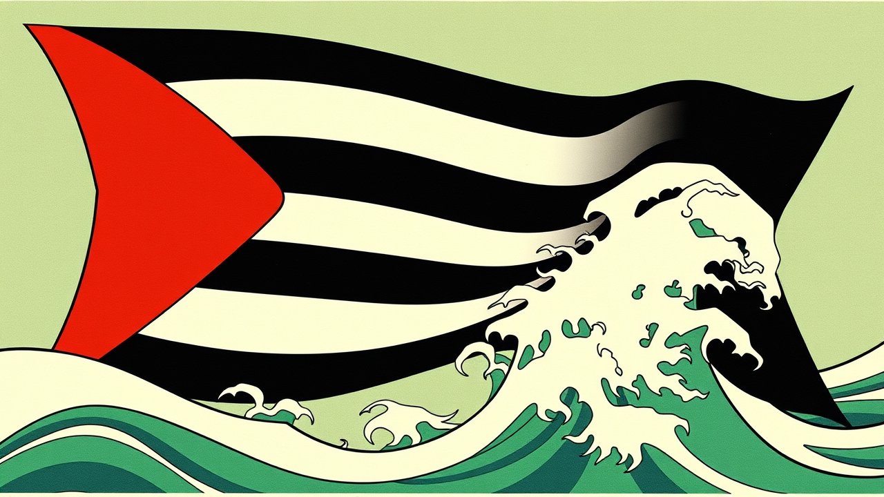 Flag of Palestine State 🇵🇸 in ukiyo-e woodblock style
