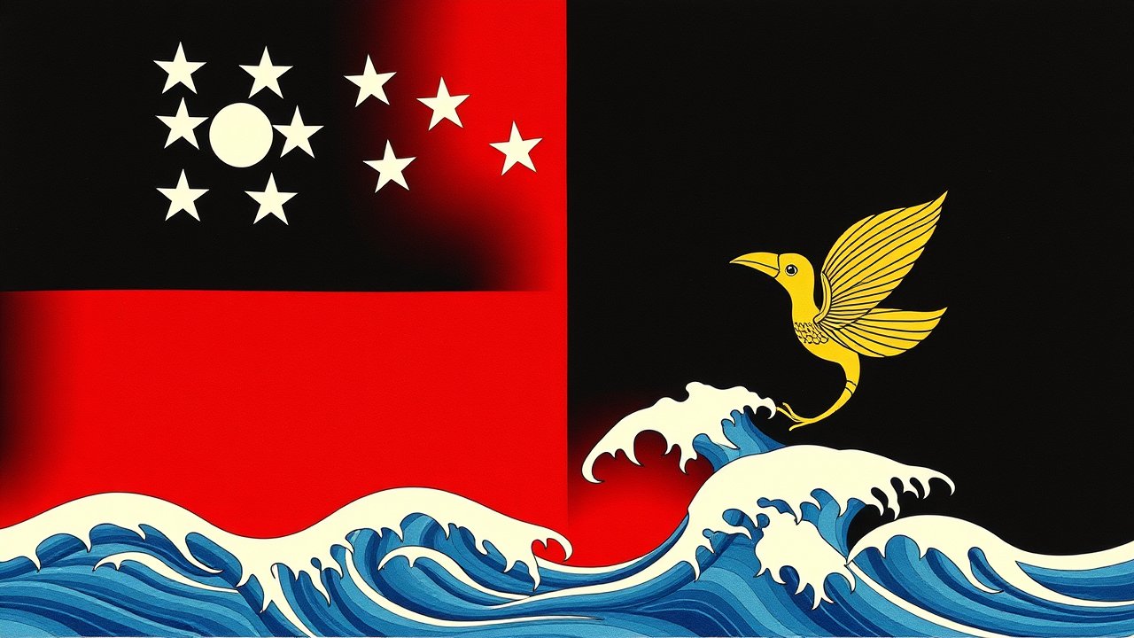 Flag of Papua New Guinea 🇵🇬 in ukiyo-e woodblock style