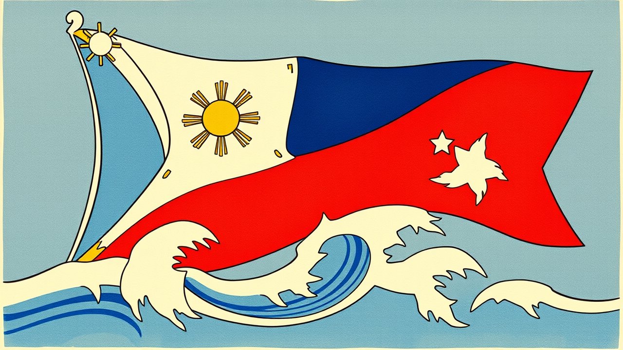 Flag of Philippines 🇵🇭 in ukiyo-e woodblock style