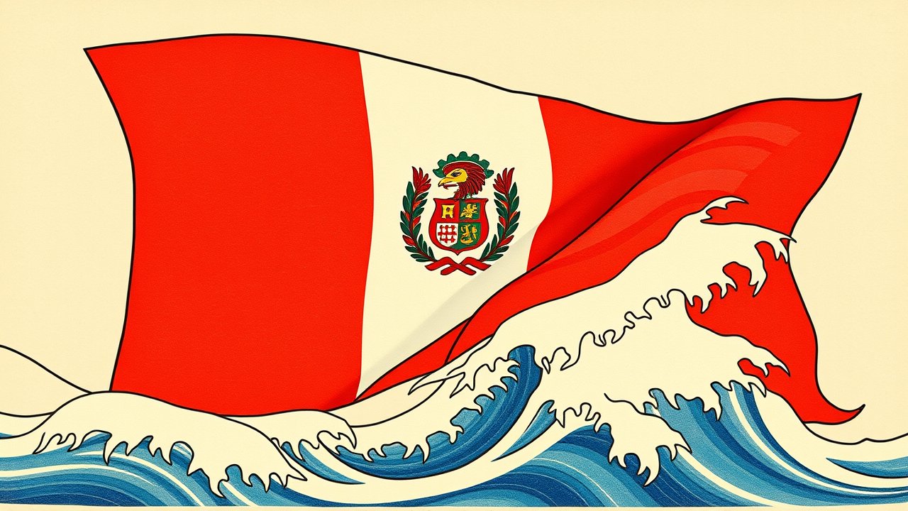 Flag of Peru 🇵🇪 in ukiyo-e woodblock style