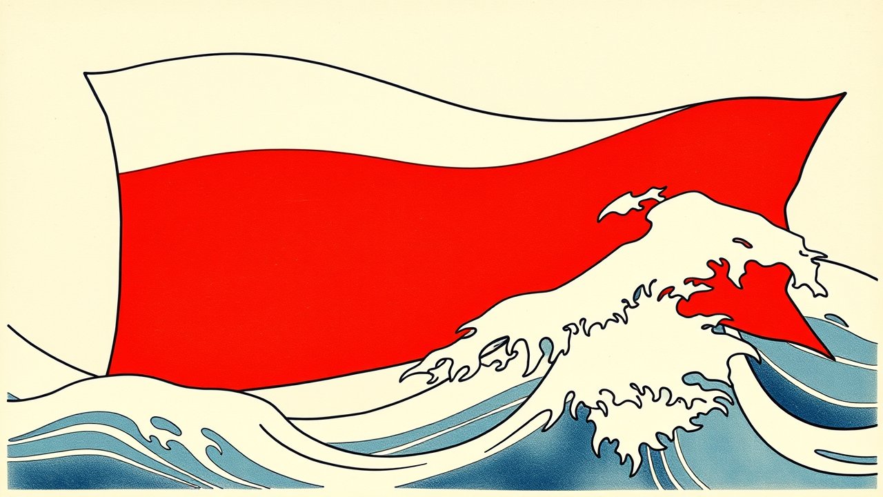 Flag of Poland 🇵🇱 in ukiyo-e woodblock style