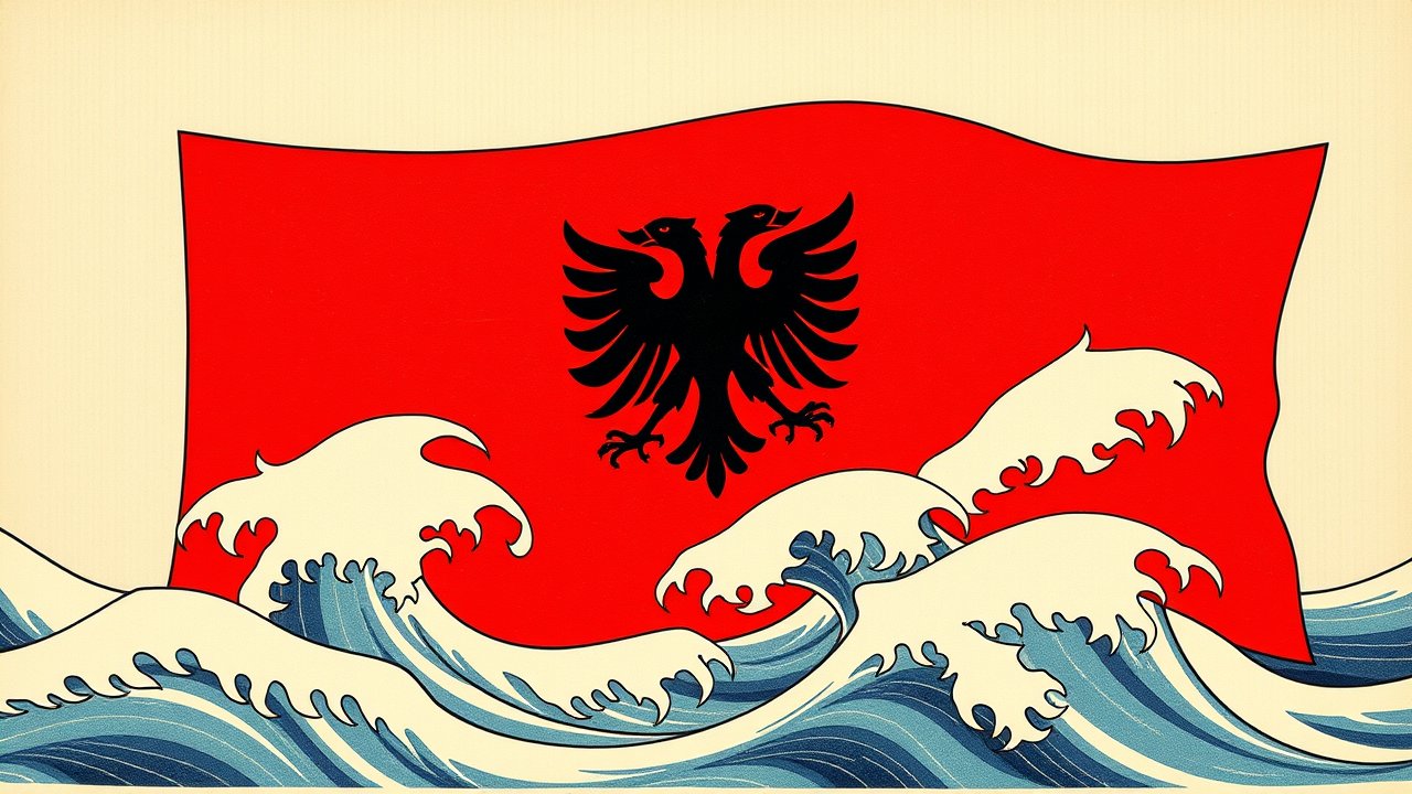 Flag of Albania 🇦🇱 in ukiyo-e woodblock style