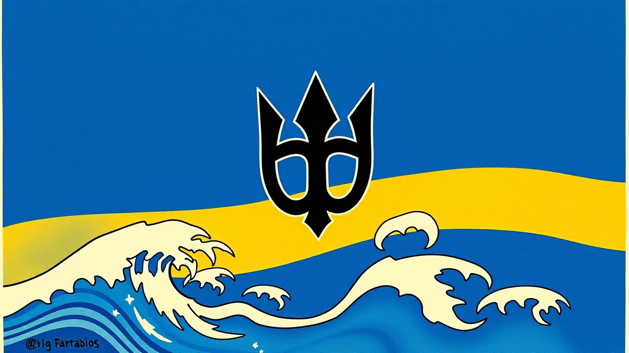 Flag of Barbados 🇧🇧 in ukiyo-e woodblock style