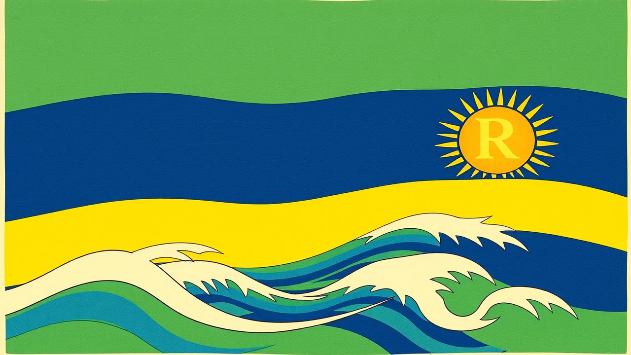 Flag of Rwanda 🇷🇼 in ukiyo-e woodblock style