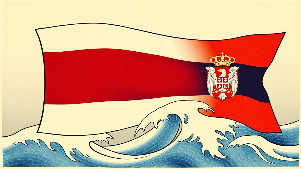 Flag of Serbia 🇸🇳 in ukiyo-e woodblock style