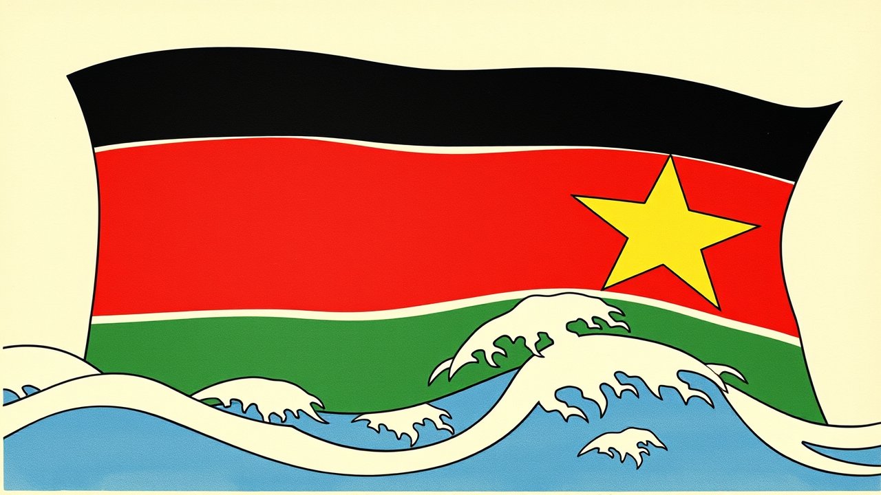 Flag of South Sudan 🇸🇸 in ukiyo-e woodblock style