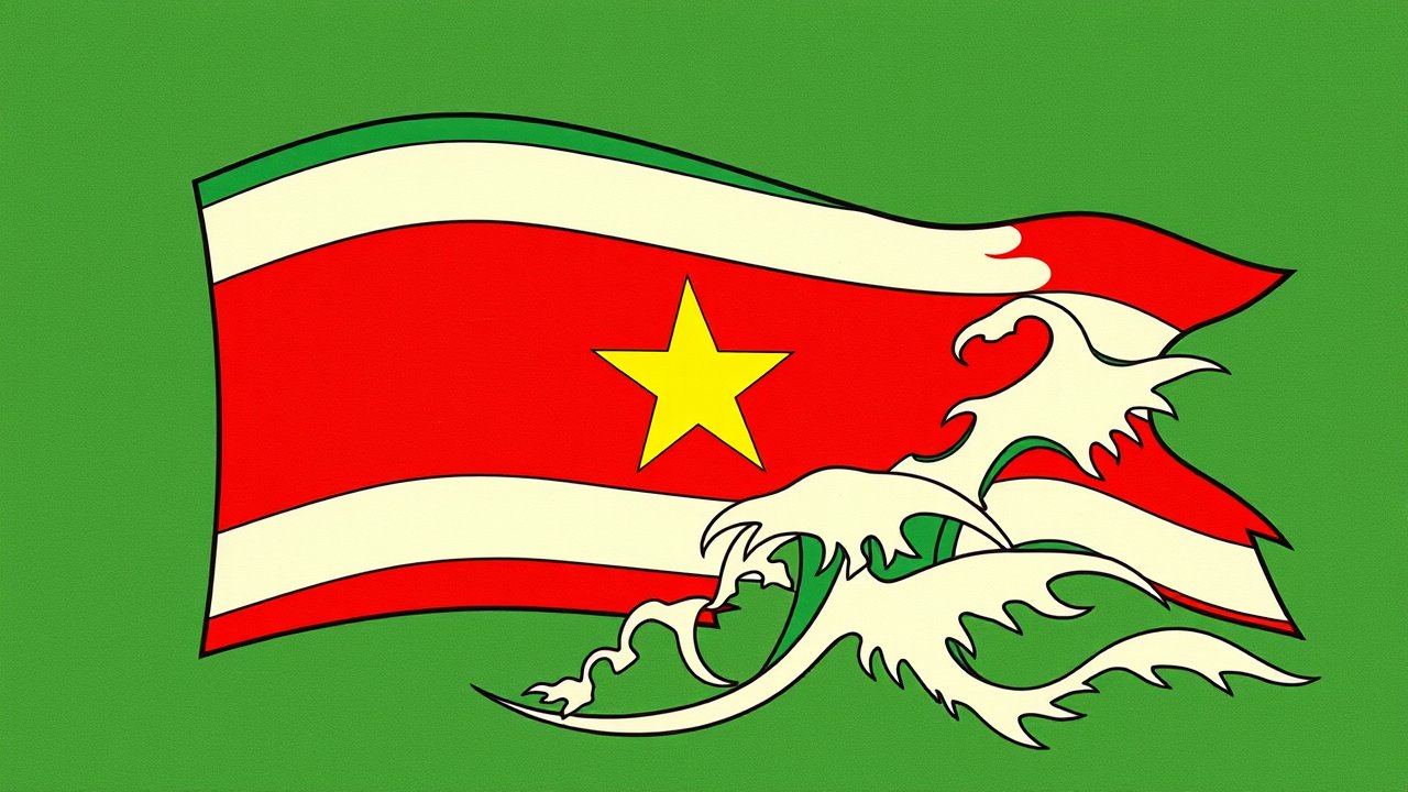 Flag of Suriname 🇸🇷 in ukiyo-e woodblock style