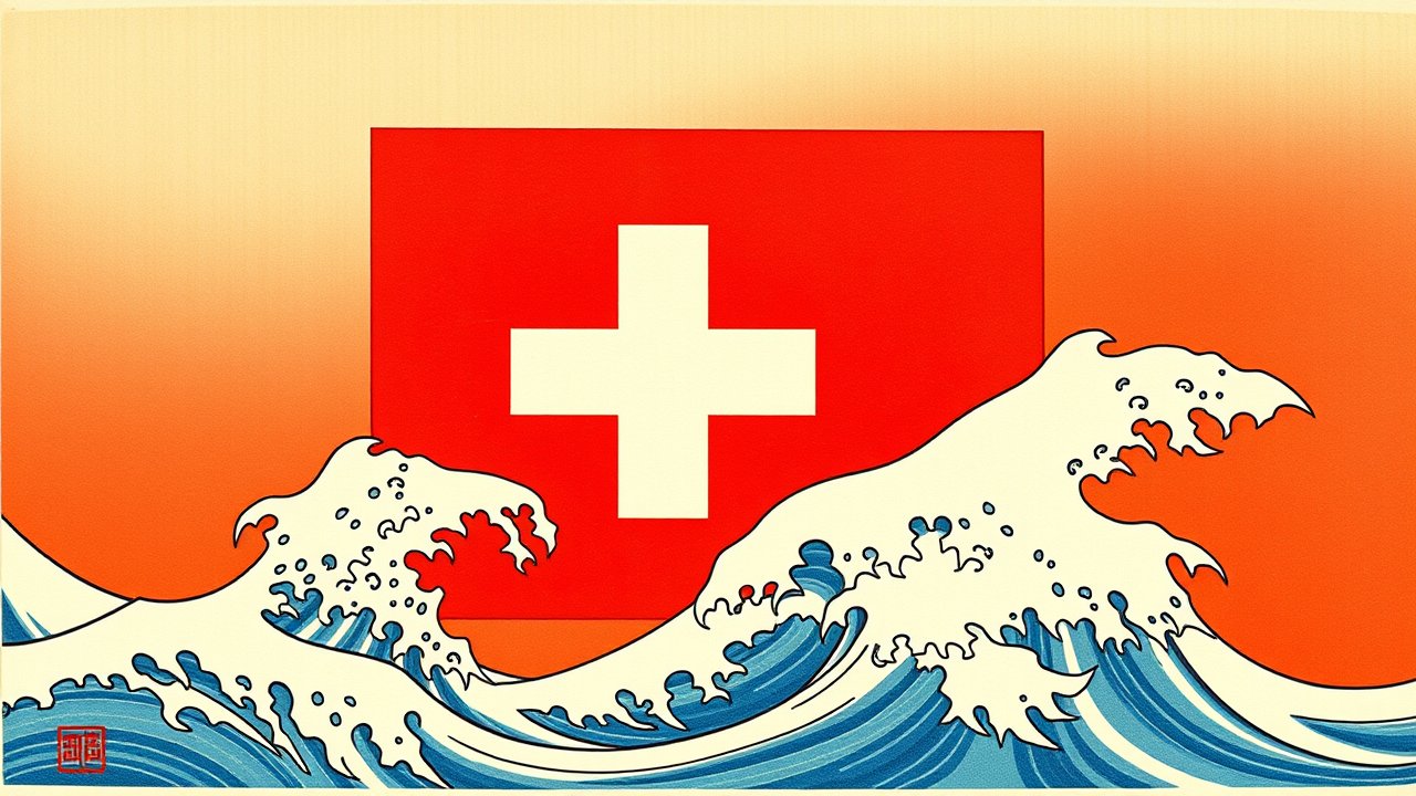 Flag of Switzerland 🇨🇭 in ukiyo-e woodblock style