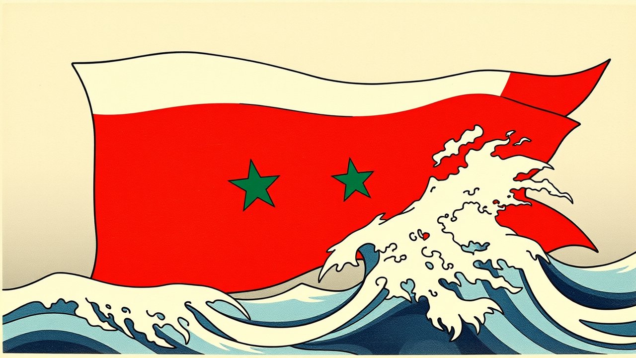 Flag of Syria 🇸🇾 in ukiyo-e woodblock style