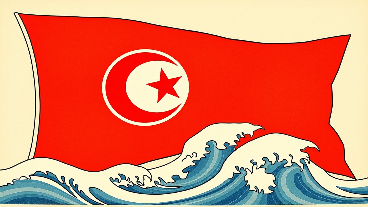 Flag of Tunisia 🇹🇳 in ukiyo-e woodblock style