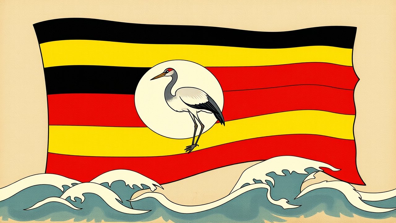 Flag of Uganda 🇺🇬 in ukiyo-e woodblock style