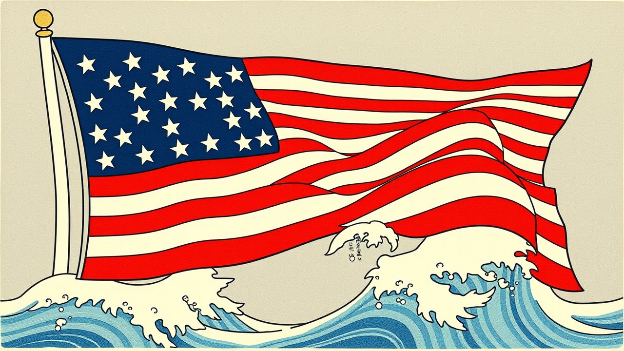 Flag of United States 🇺🇸 in ukiyo-e woodblock style