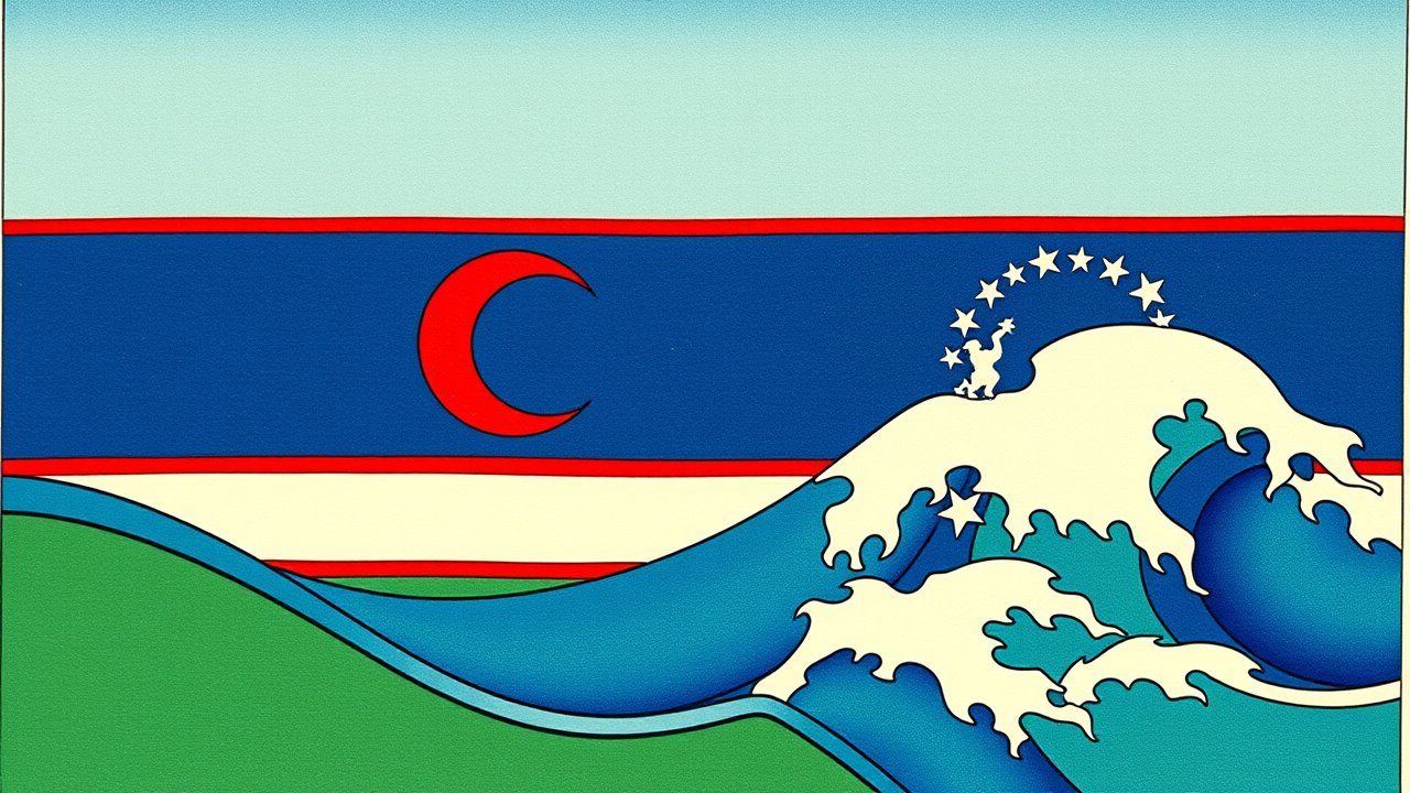 Flag of Uzbekistan πΊπΏ in ukiyo-e woodblock style