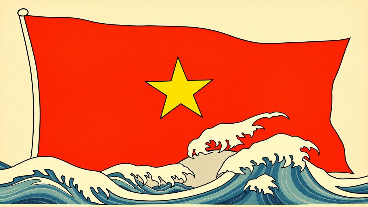 Flag of Vietnam 🇻🇳 in ukiyo-e woodblock style
