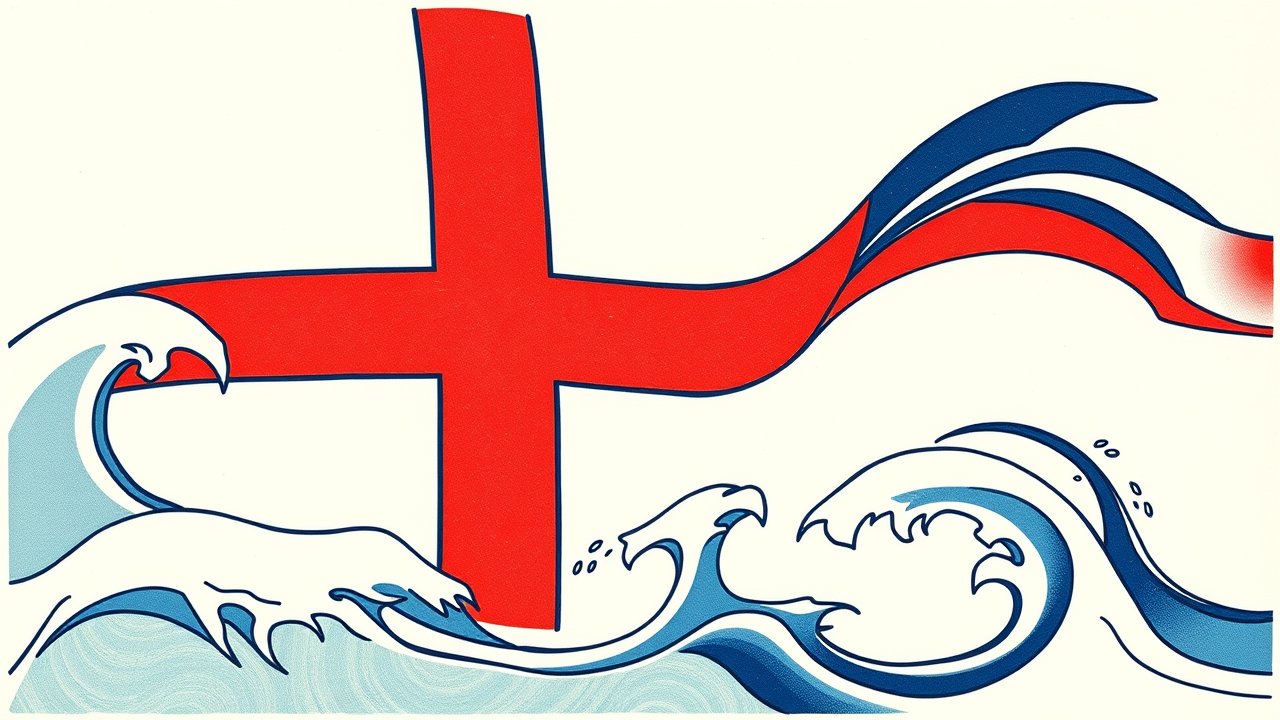 Flag of Faroe Islands 🇫🇴 in ukiyo-e woodblock style