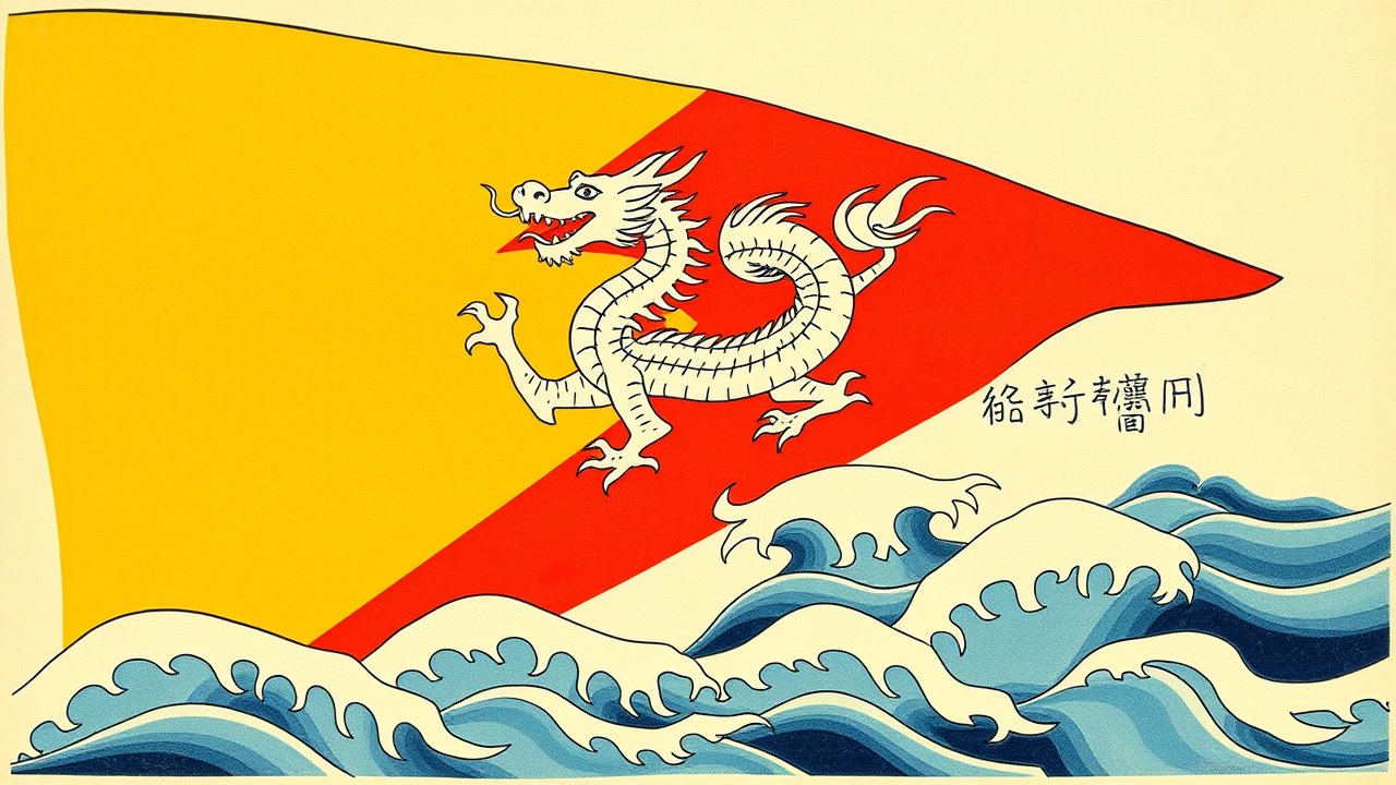 Flag of Bhutan 🇧🇹 in ukiyo-e woodblock style