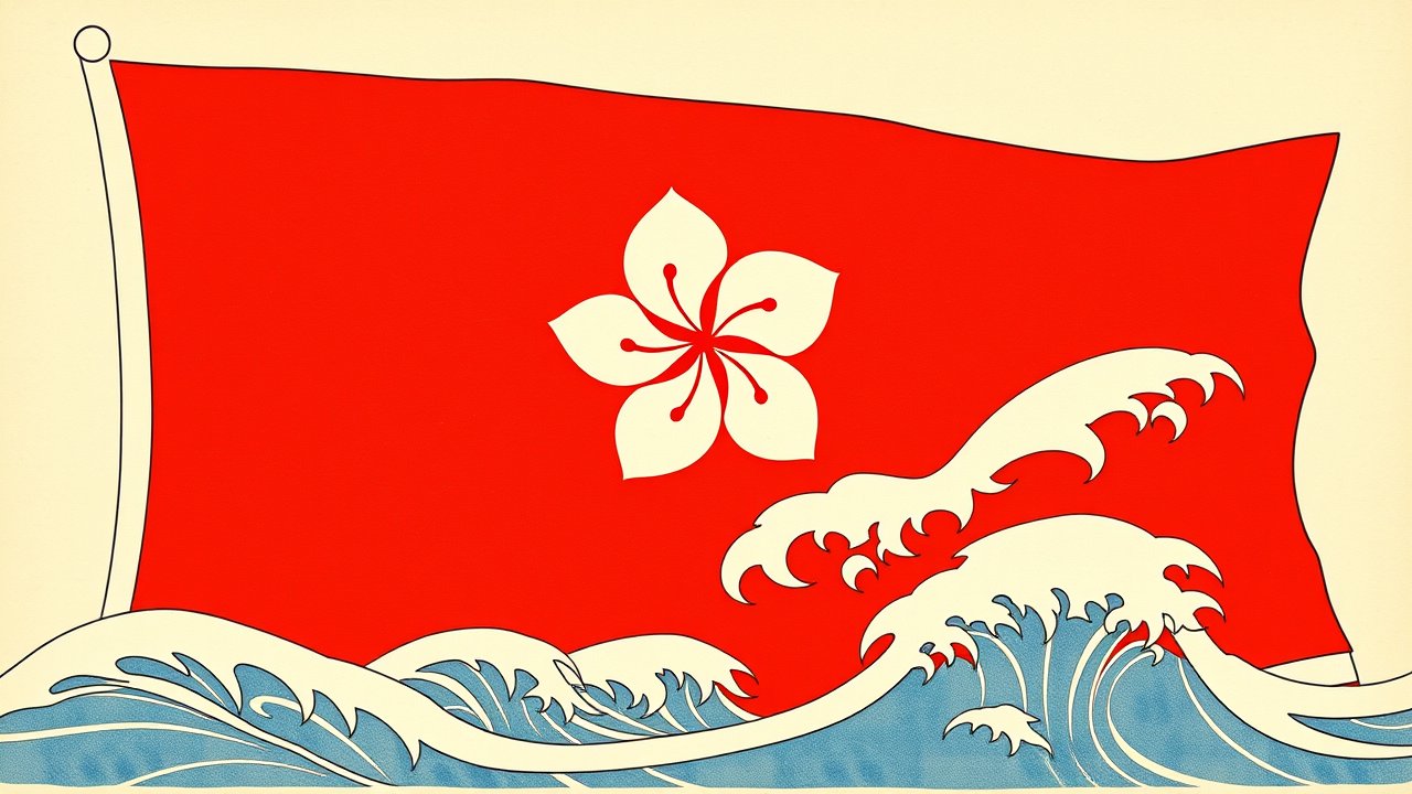 Flag of Hong Kong 🇭🇰 in ukiyo-e woodblock style