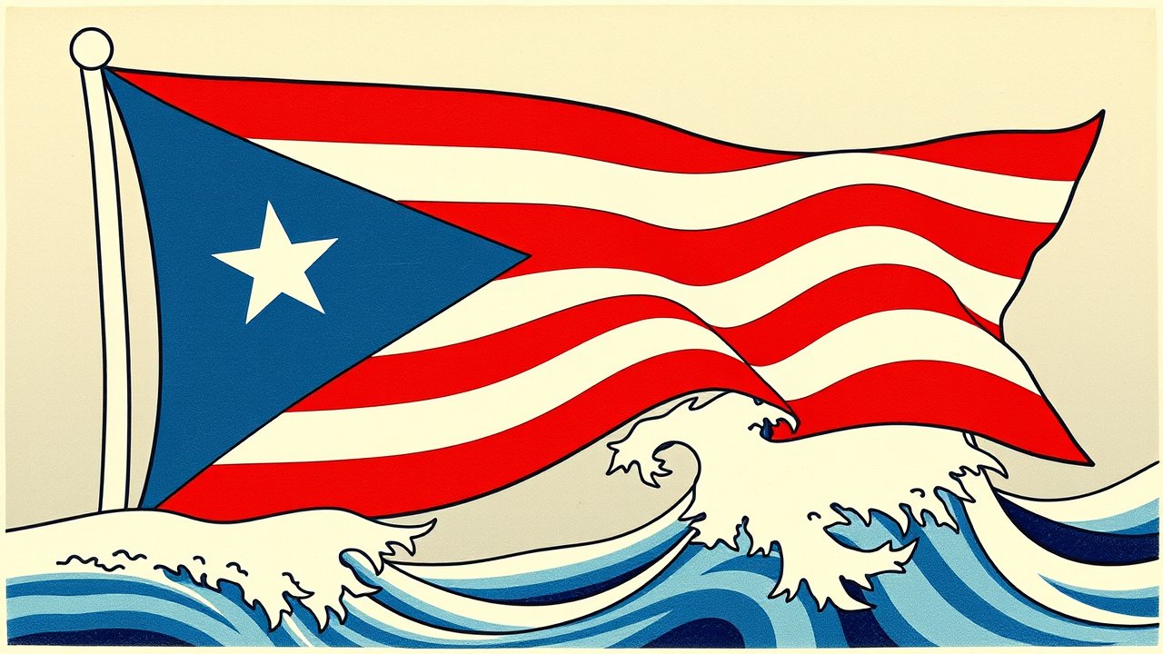 Flag of Puerto Rico 🇵🇷 in ukiyo-e woodblock style