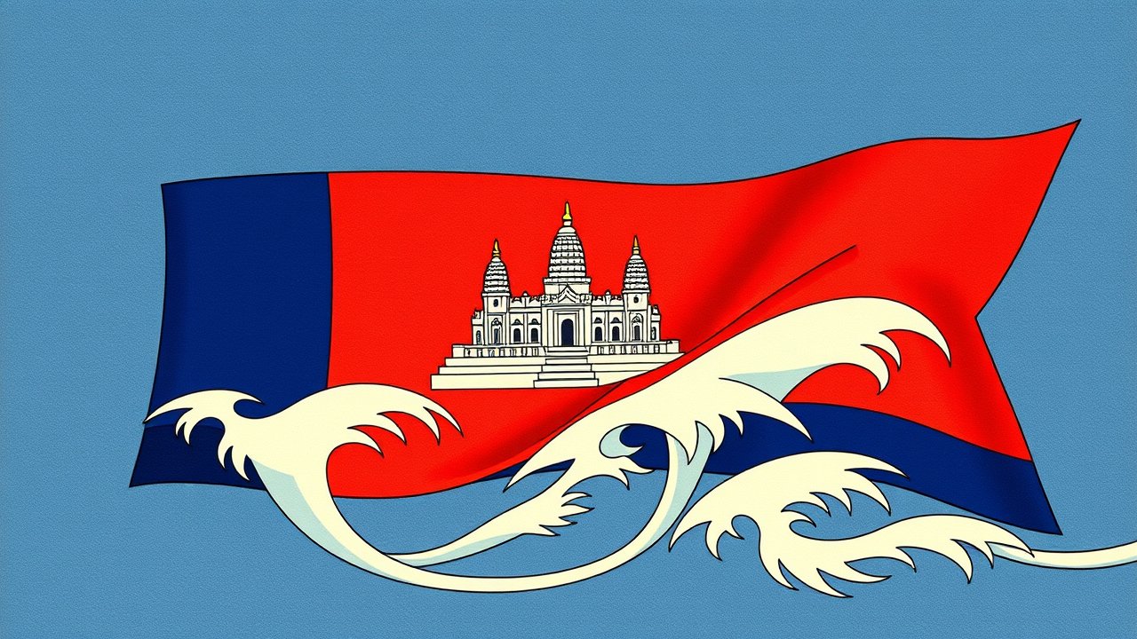 Flag of Cambodia 🇰🇠in ukiyo-e woodblock style