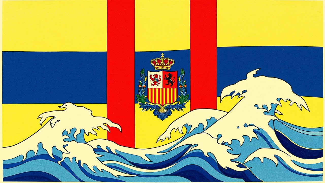 Flag of Andorra 🇦🇩 in ukiyo-e woodblock style