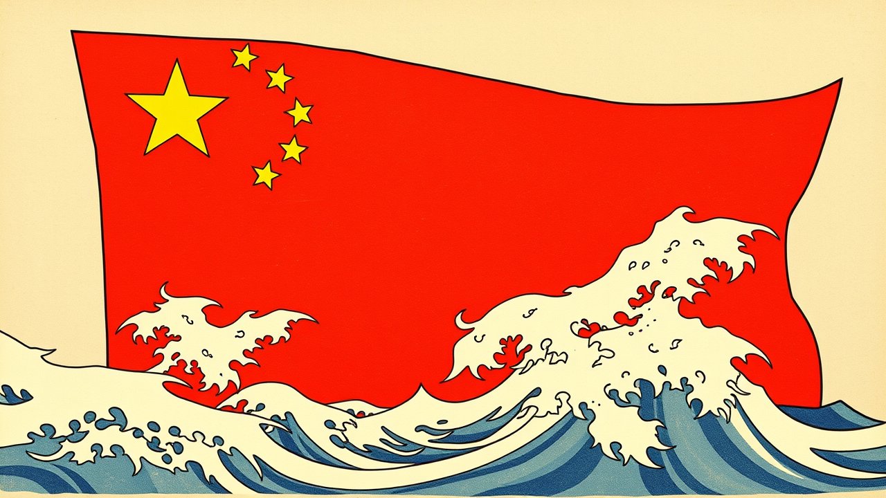 Flag of China 🇨🇳 in ukiyo-e woodblock style