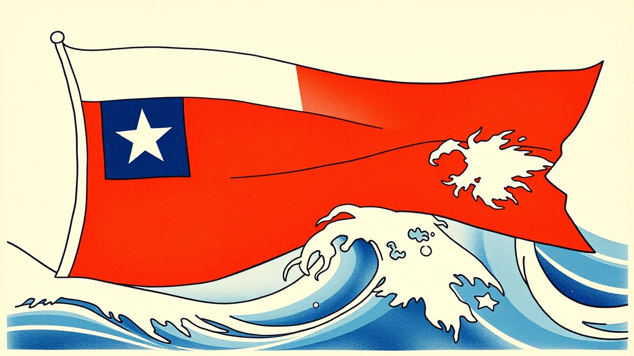 Flag of Chile 🇨🇱 in ukiyo-e woodblock style