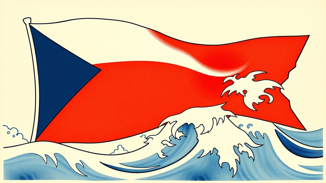 Flag of Czech Republic 🇨🇿 in ukiyo-e woodblock style