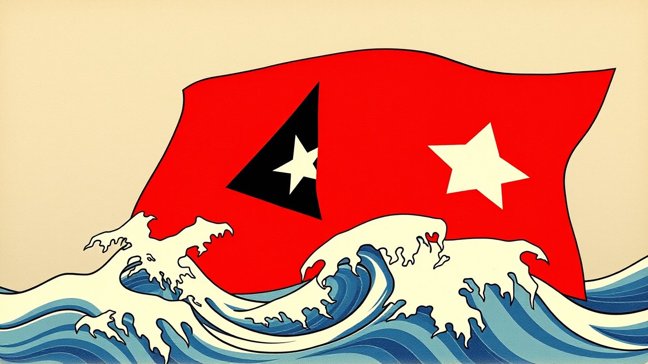 Flag of Timor Leste 🇹🇱 in ukiyo-e woodblock style