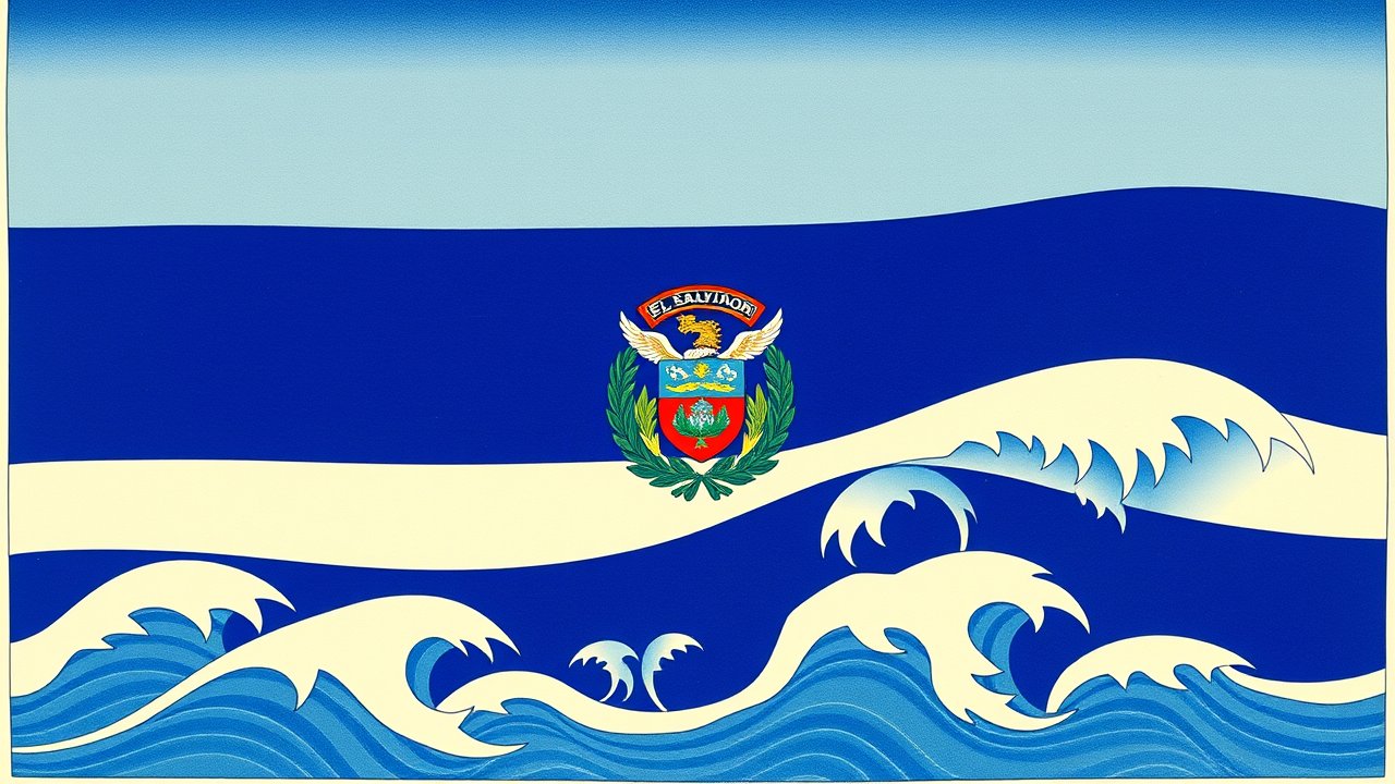 Flag of El Salvador 🇸🇻 in ukiyo-e woodblock style