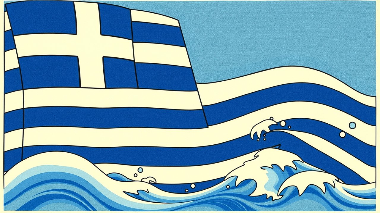 Flag of Greece 🇬🇷 in ukiyo-e woodblock style