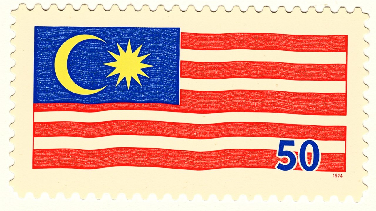 Flag of Malaysia 🇲🇾 in vintage postage stamp style