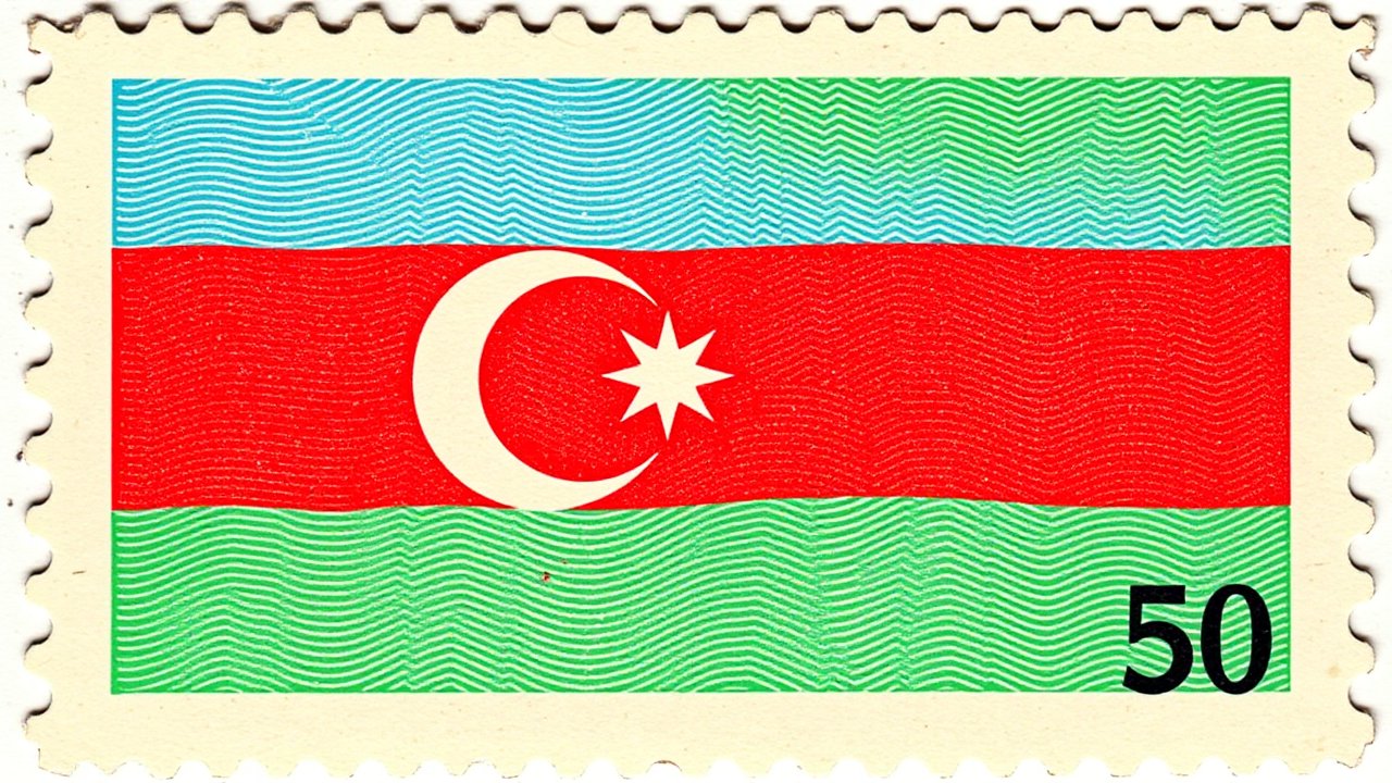 Flag of Azerbaijan 🇦🇿 in vintage postage stamp style